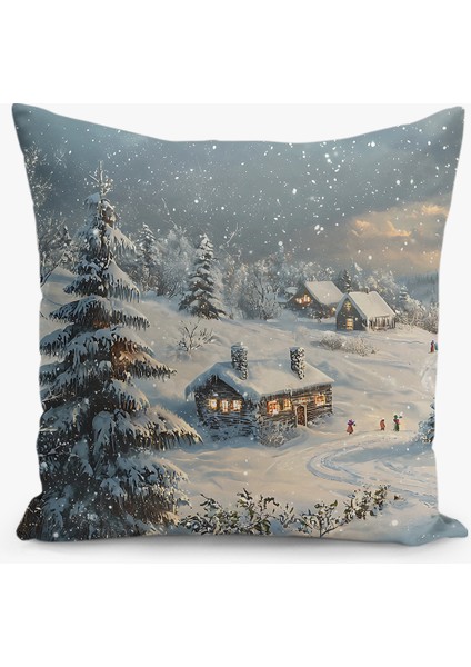 Çift Taraflı Dijital Baskı Kırlent Kılıfı Yılbaşı / Kış Manzarası / Christmas Desenli