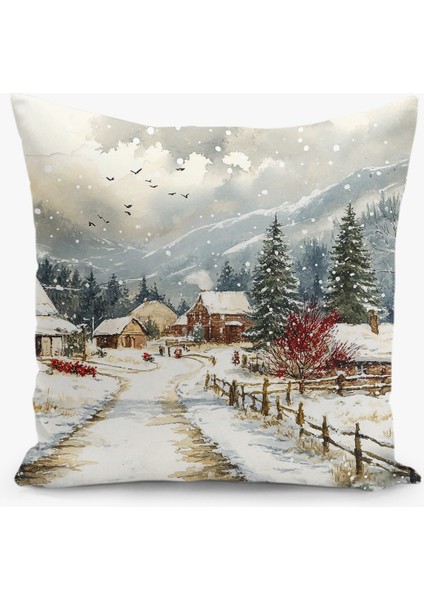 Çift Taraflı Dijital Baskı Kırlent Kılıfı Yılbaşı / Kış Manzarası / Christmas Desenli