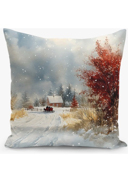 Çift Taraflı Dijital Baskı Kırlent Kılıfı Yılbaşı / Kış Manzarası / Christmas Desenli