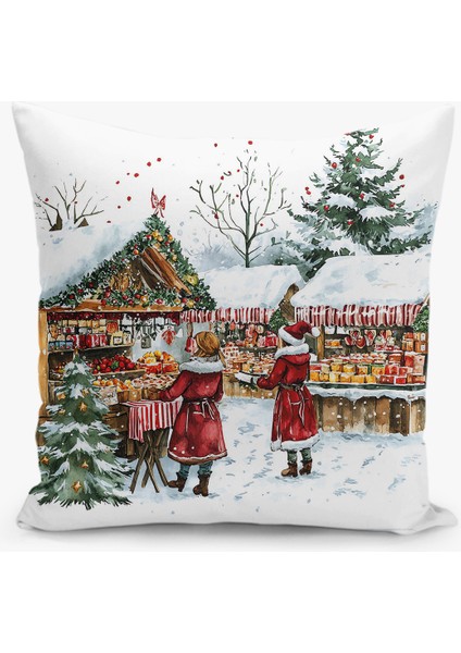 Çift Taraflı Dijital Baskı Kırlent Kılıfı Yılbaşı / Kış Manzarası / Christmas Desenli