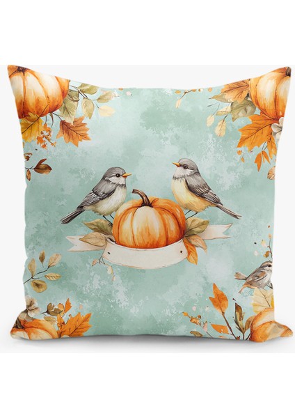 Çift Taraflı Dijital Baskı Kırlent Kılıfı Sonbahar / Kabak Desenli