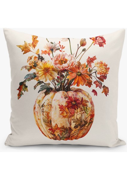 Çift Taraflı Dijital Baskı Kırlent Kılıfı Sonbahar / Kabak Desenli