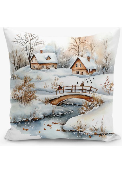 Çift Taraflı Dijital Baskı Kırlent Kılıfı Yılbaşı / Kış Manzarası / Christmas Desenli