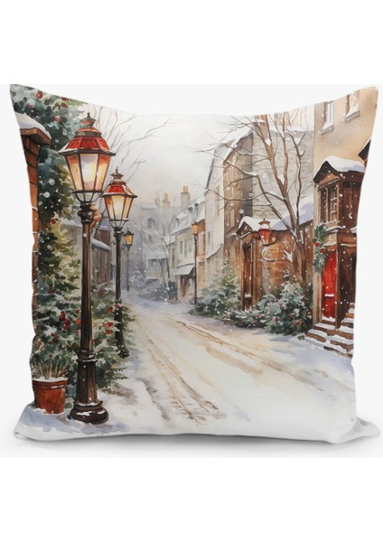 Çift Taraflı Dijital Baskı Kırlent Kılıfı Yılbaşı / Kış Manzarası / Christmas Desenli