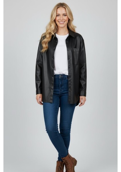 Kadın Siyah Deri Görünümlü Oversize Gömlek M7835 Siyah