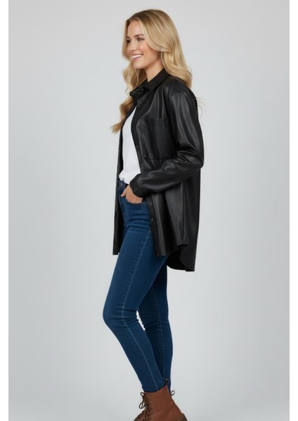 Kadın Siyah Deri Görünümlü Oversize Gömlek M7835 Siyah fiyatları