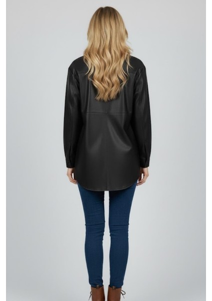 Kadın Siyah Deri Görünümlü Oversize Gömlek M7835 Siyah modelleri