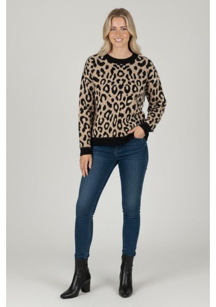 Kadın Leopar Desenli Triko Kazak M6702 Leopar