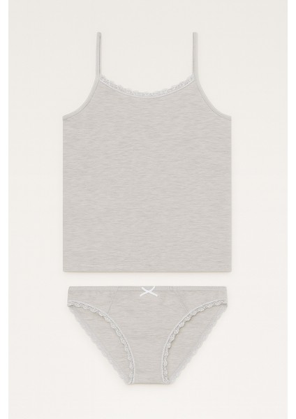 Kadın Açık Gri Melanj Likralı Pamuklu Ip Askılı Atlet Slip Külot Set W3İ5K1L2EKK
