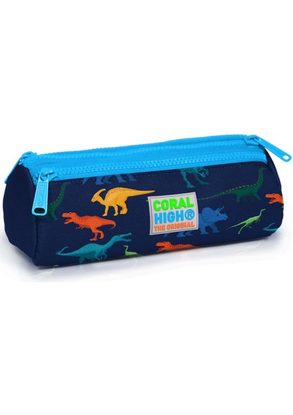 Kids Lacivert Mavi Dinozor Desenli Üç Bölmeli Kalem Çantası