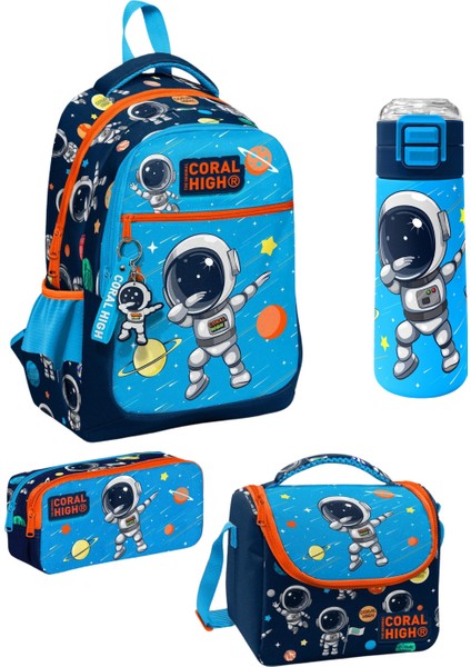 Lacivert Mavi Astronot Desenli 4’lü Okul Çanta Seti Erkek Çocuk Ilköğretim Çantası