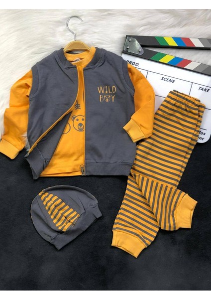 Detaylı Şapkalı Yelekli 3'lü Erkek Bebek Takım