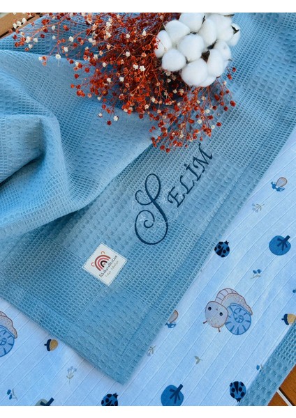 Ftbabycollection Çift Taraflı Kişiye Özel Isim Nakışlı Waffle Pike & Müslin Bebek BATTANIYESI 90X100 CM