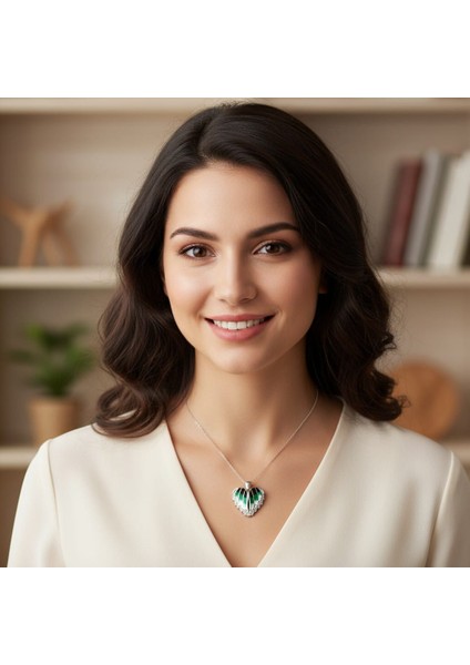 925 Ayar Gümüş Yeşil Kalpli Zirkontaşlı Kadın Gümüş Kolye