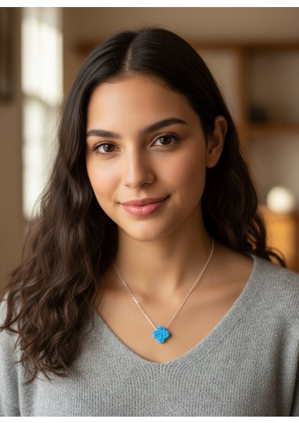 Kadın 925 Ayar Gümüş Çiçek Mavi Opal Taşlı Kolye