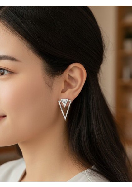 Kadın 925 Ayar Gümüş Zirkon Taşlı Üçgen Küpe, Iç Içe Üçgen Küpe