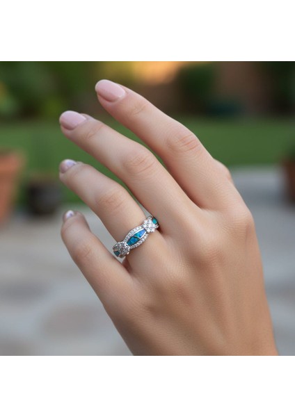 Kadın Mavi Opal Taşlı 925 Ayar Gümüş Zirkon Taşlı Yüzük,Sivgililer günü hediyesi
