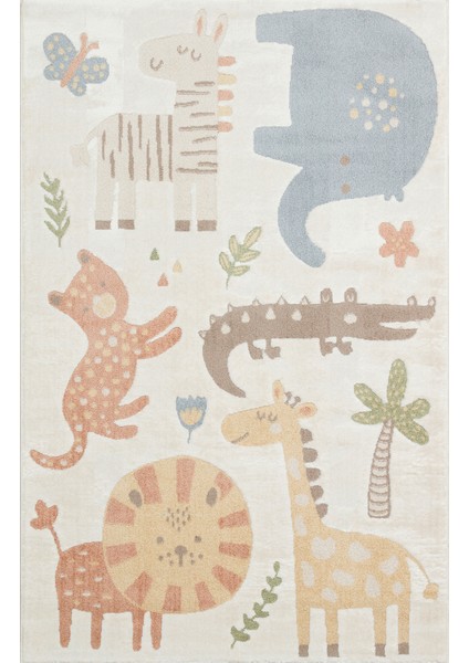 Minizoo 06 Cream Multy Canlı Renklere Sahip Hayvan Figürlü Bebek ve Çocuk Odası Halısı