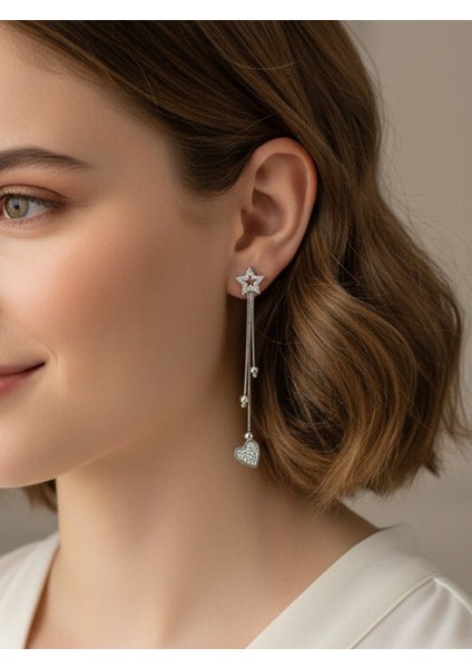 Kadın 925 Ayar Gümüş Kalp Sallantılı Küpe, Yıldız Desenli Zirkon Taşlı Küpe,Sivgililer günü hediyesi