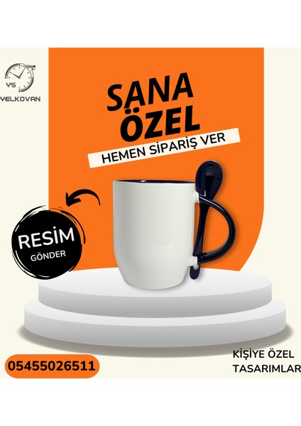 Kaşıklı Lacivert Kulplu Porselen Bardak Premium Tasarım | Yelkovanstudio