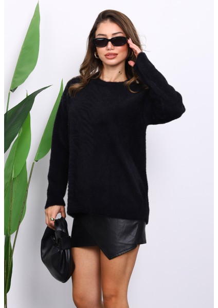 Siyah Bisiklet Yaka Angora Yumoş Triko Kazak modelleri