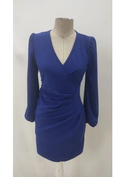 Kadın Uzun Kollu Kruvaze Yakalı Yanlardan Büzgü Detaylı Ithal Krep Kısa Elbise indirimleri