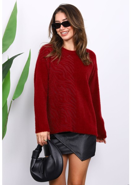 Bordo Bisiklet Yaka Angora Yumoş Triko Kazak