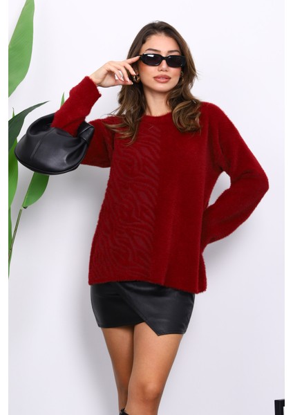 Bordo Bisiklet Yaka Angora Yumoş Triko Kazak modelleri