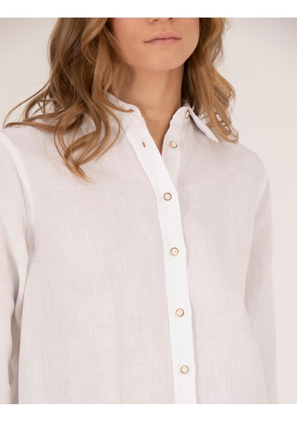 Kadın Beyaz Keten Karışımlı Gömlek 50262568-VR013