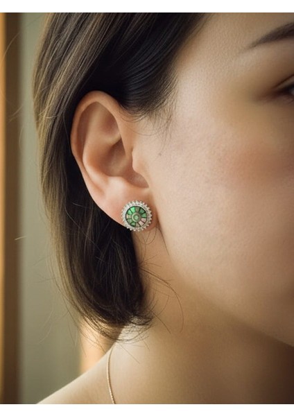 Kadın 925 Ayar Gümüş Yuvarlak Çok Renkli Sedefli Zirkon Taşlı Küpe,Sivgililer günü hediyesi