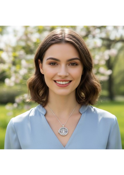 Kadın 925 Ayar Gümüş Hayat Ağacı Renkli Taş Kolye, Açılan Hayat Ağacı