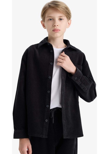 Erkek Çocuk Oversize Geniş Kalıp Polo Yaka Kadife Uzun Kollu Gömlek F1505A825WN fırsatları
