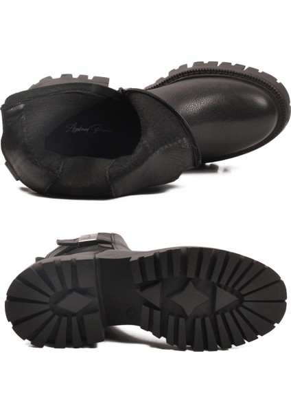 Siyah Hakiki Deri Kaymaz Taban Fermuarlı Kadın Bot Premium 23783-1 Z indirimleri
