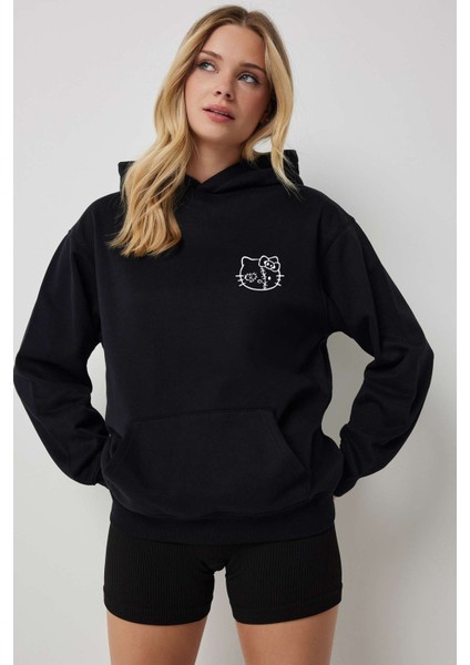 Pamuklu Kadın Kapüşonlu Kanguru Cepli Oversize Sweatshirt Hoodie Small Kitty Face