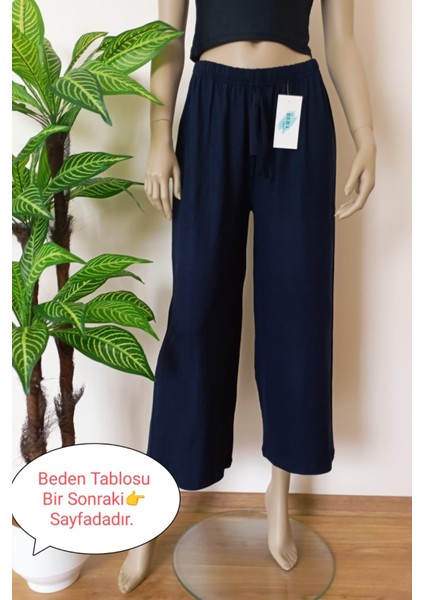Kadın Lacivert Beli Lastikli Bol Paça Likralı Penye Pantolon