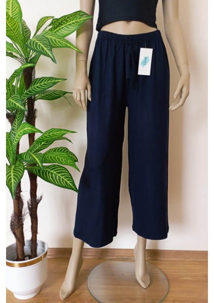 Kadın Lacivert Beli Lastikli Bol Paça Likralı Penye Pantolon modelleri