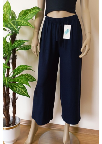 Kadın Lacivert Beli Lastikli Bol Paça Likralı Penye Pantolon fırsatları