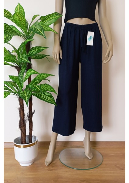 Kadın Lacivert Beli Lastikli Bol Paça Likralı Penye Pantolon indirimleri