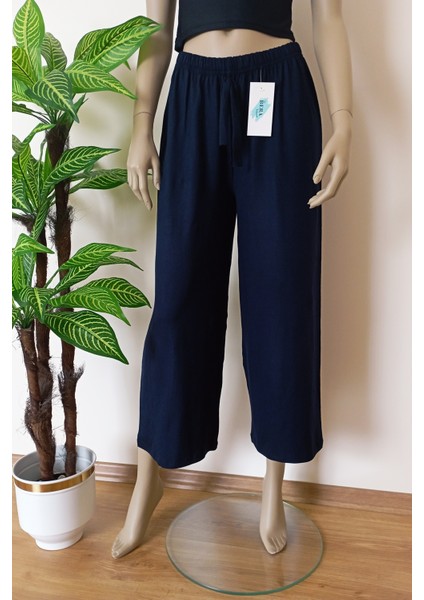 Kadın Lacivert Beli Lastikli Bol Paça Likralı Penye Pantolon