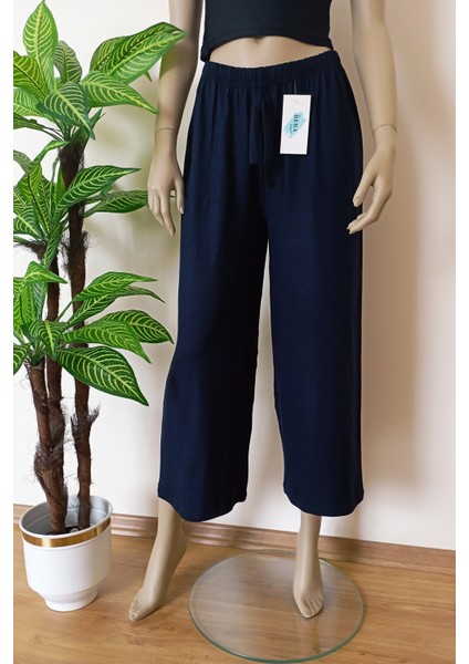 Kadın Lacivert Beli Lastikli Bol Paça Likralı Penye Pantolon