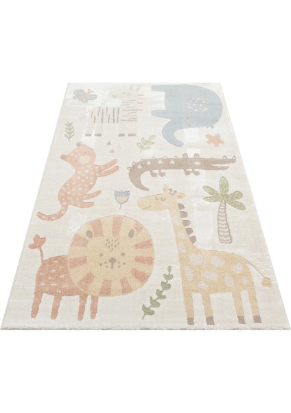 Minizoo 06 Cream Multy Canlı Renklere Sahip Hayvan Figürlü Bebek ve Çocuk Odası Halısı