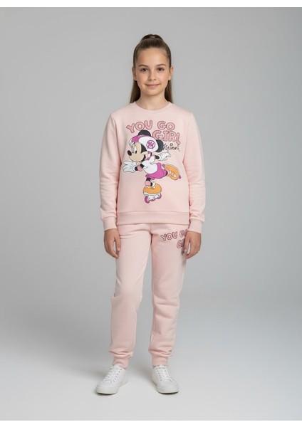 Somon Rengi Mickey Mouse Minnie Baskılı Alt Üst Takım Kız Çocuk Eşofman