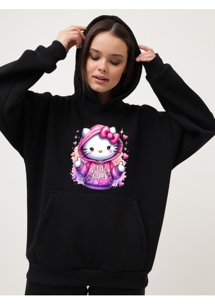 Pamuklu Kadın Kapüşonlu Kanguru Cepli Oversize Sweatshirt Hoodie Hello