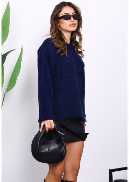 Lacivert Bisiklet Yaka Angora Yumoş Triko Kazak modelleri