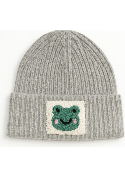 Gri Yün Lüks Bere Yeşil Kurbağa Hayvan Punch Motifli UNISEXTIRAYN1002