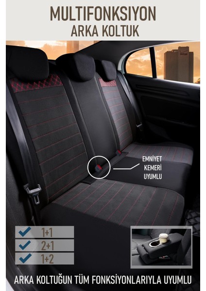 Kia Picanto Uyumlu Lüx Yarı Deri Bel Destekli Oto Koltuk Kılıfı Vera Serisi Siyah Kırmızı Renk