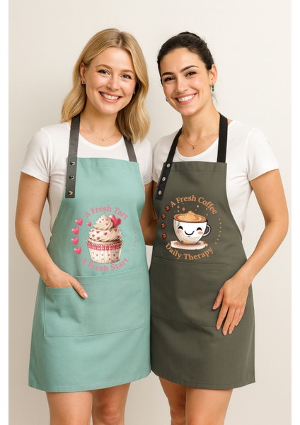 Kumaş Mutfak Önlüğü Seti 2'li Leke Tutmaz Su Itici %65 Pamuk %35 Polyester Cupcake & Coffee Şef Önlük