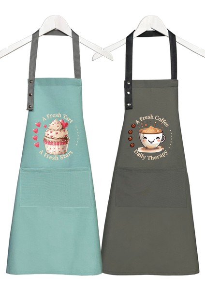 Kumaş Mutfak Önlüğü Seti 2'li Leke Tutmaz Su Itici %65 Pamuk %35 Polyester Cupcake & Coffee Şef Önlük fiyatları