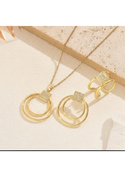 Zirkon Taşlı Gold Takı Seti | Kolye Küpe Yüzük Set | Kare Halka Tasarım modelleri