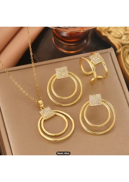 Zirkon Taşlı Gold Takı Seti | Kolye Küpe Yüzük Set | Kare Halka Tasarım fırsatları